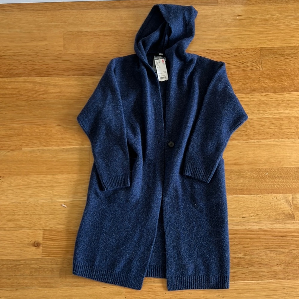 Long navy blue wool acrylic hooded sweater